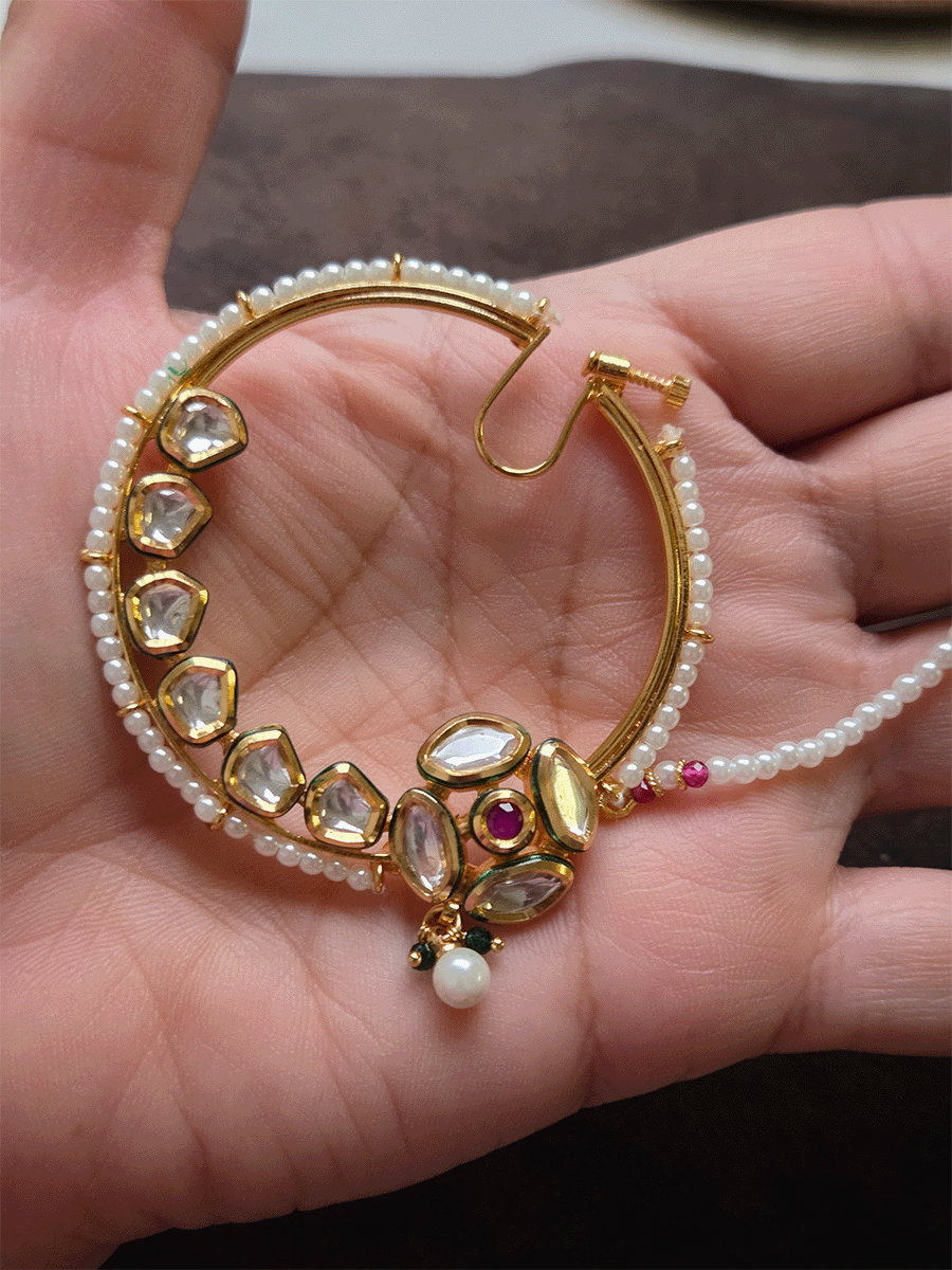 Four leaf kundan flower with ruby stone 5.5cm diameter nath with pearl pirohi