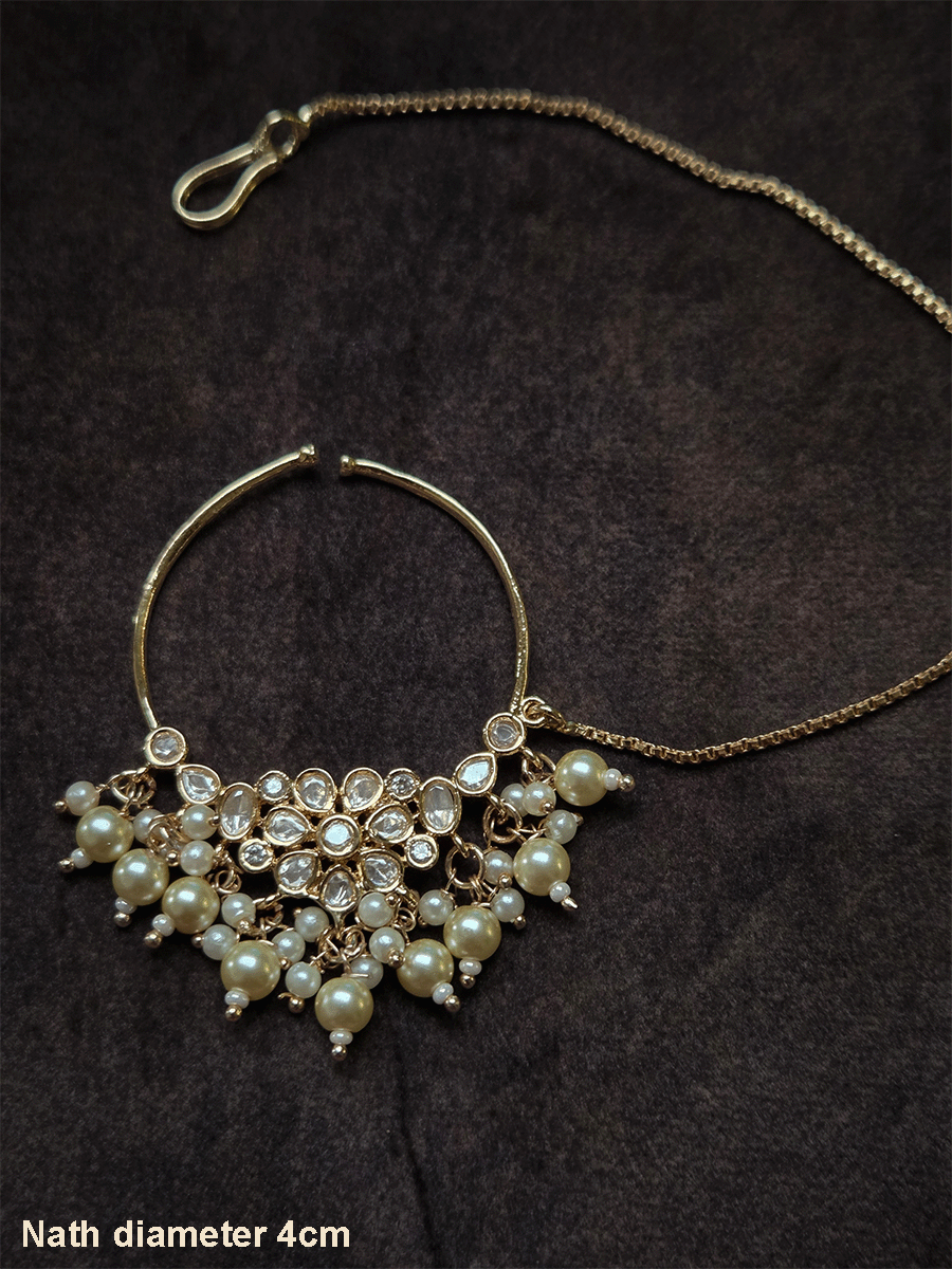 Polki flower with coloured center stone 4cm diameter Nath with pearl hangings