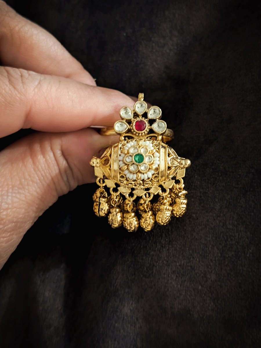 Paachi kundan flower design adjustable ring with ghunghru hangings