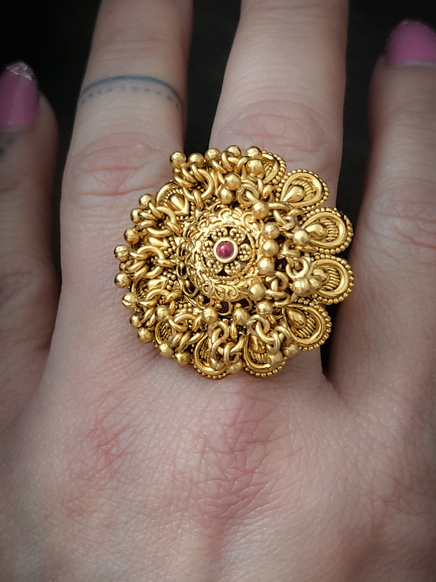 Flower design with ruby stone bead hangings adjustable ring