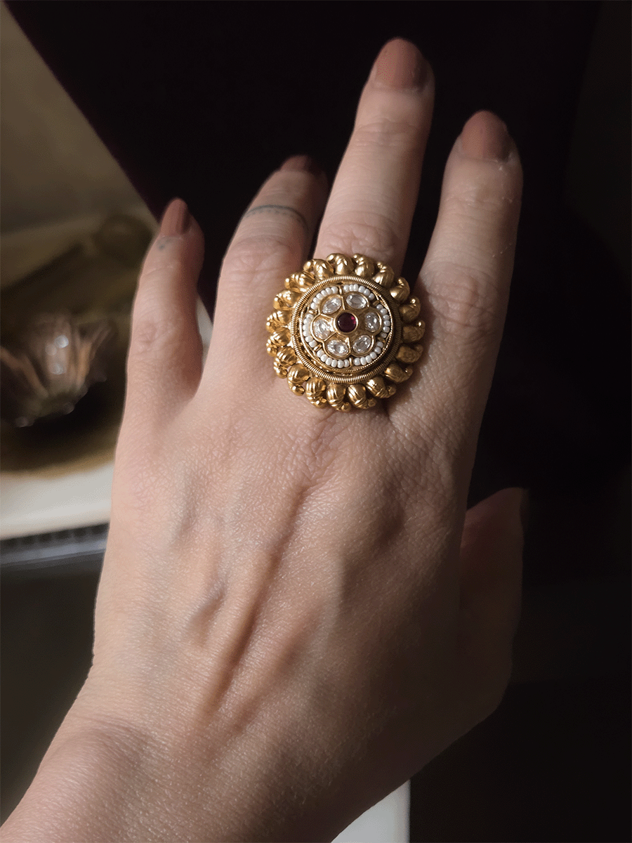 Paisley design lace with kundan flower ruby stone center adjustable ring