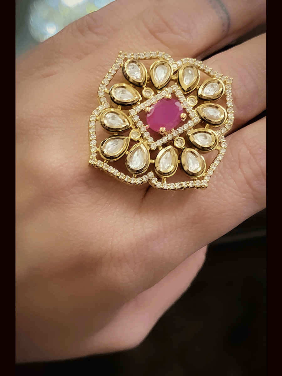 Oval center stone adjustable kundan ring with AD outline