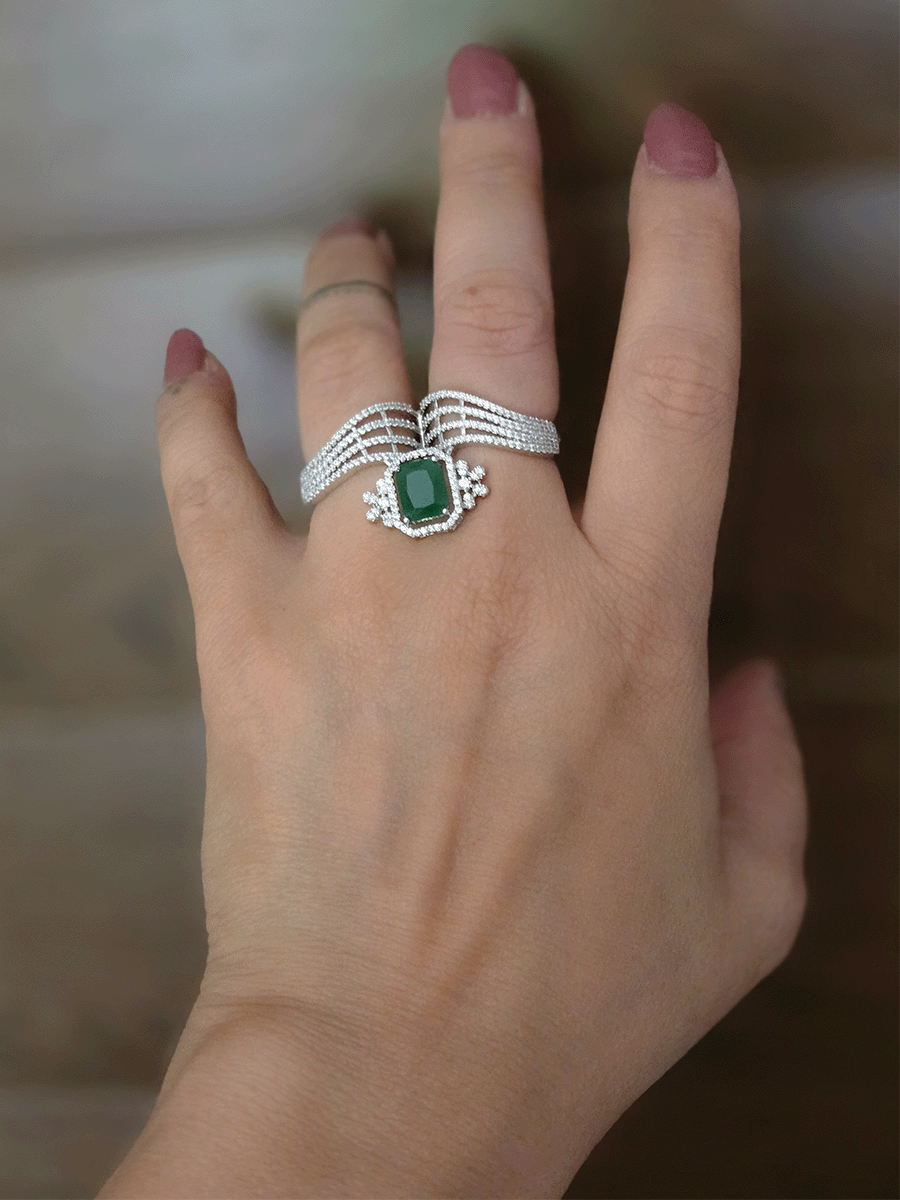 Zircon studded double finger adjustable ring with rectangular coloured stone in center