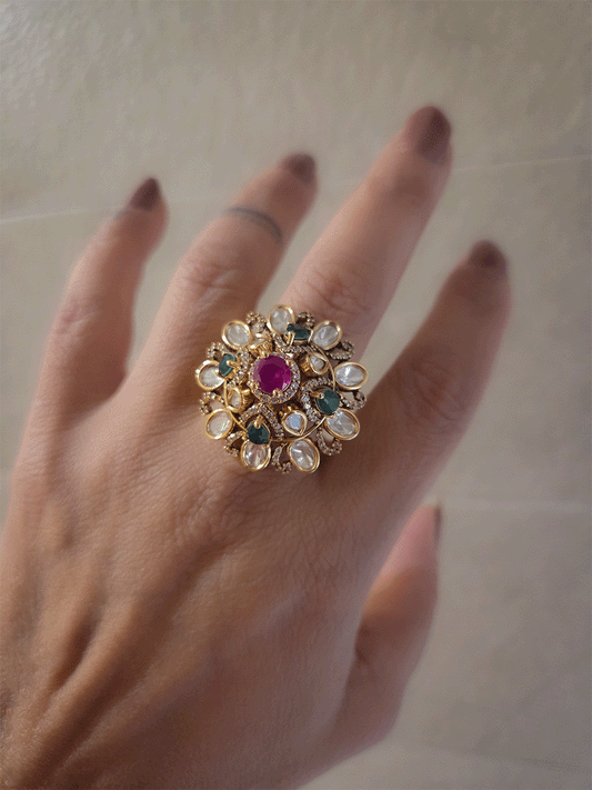 Kundan ruby and green stones studded adjustable ring