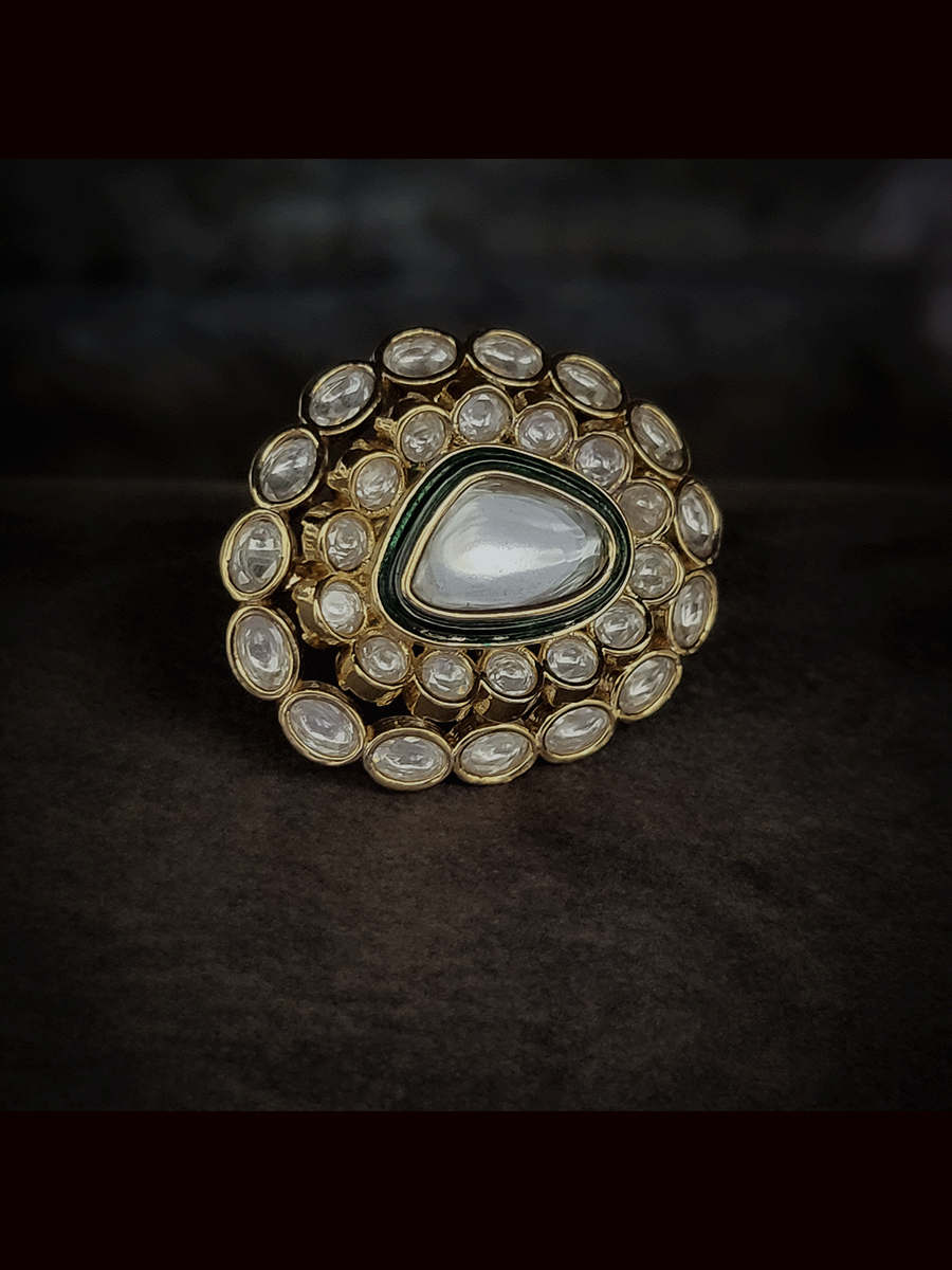 Bold kundan openable ring with green enamel detailing