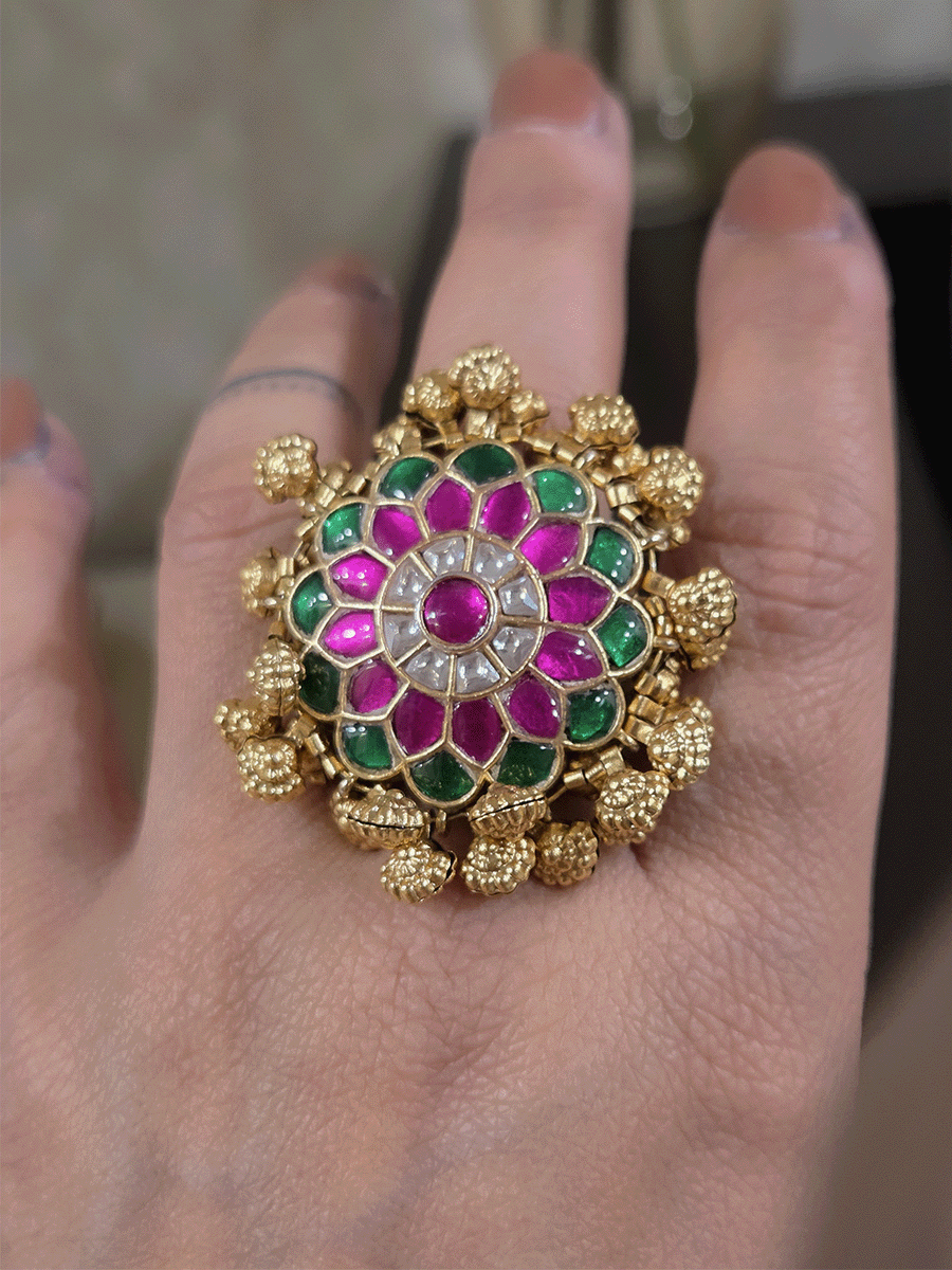 Green and pink paachi kundan adjustable ring with flower engraved ghunghru hangings
