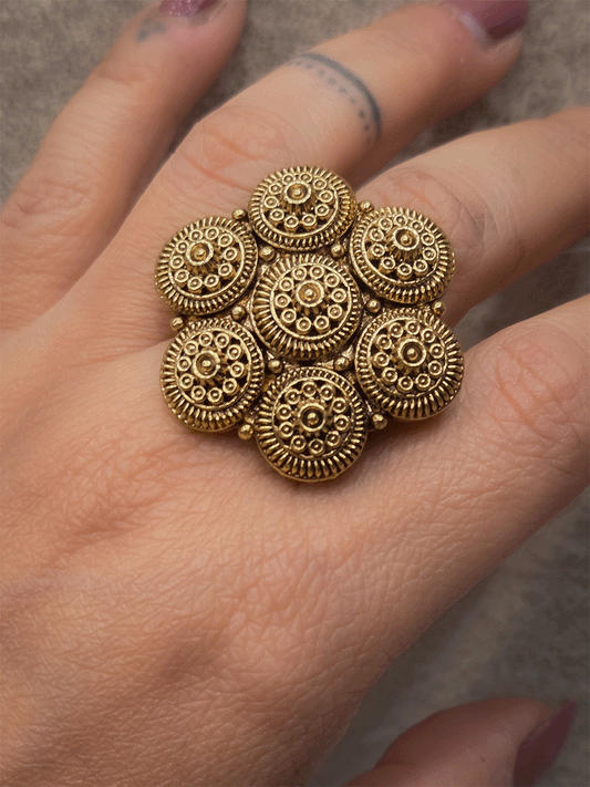 Self seven circular design antique gold finish openable ring