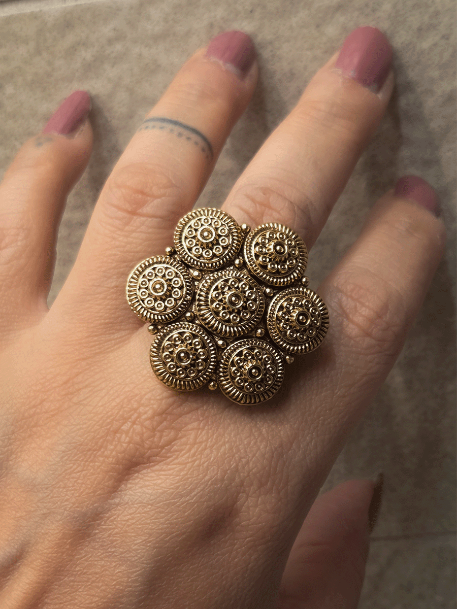 Self seven circular design antique gold finish openable ring