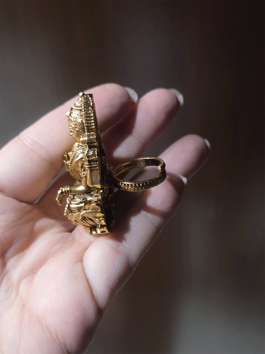 Intricately carved antique gold finish Laxmi ji adjustable ring (Ring L-2.3inches)