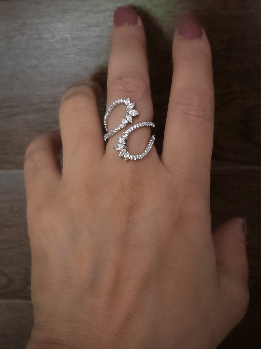 Double loop design zircon studded adjustable ring with marquise shaped stones
