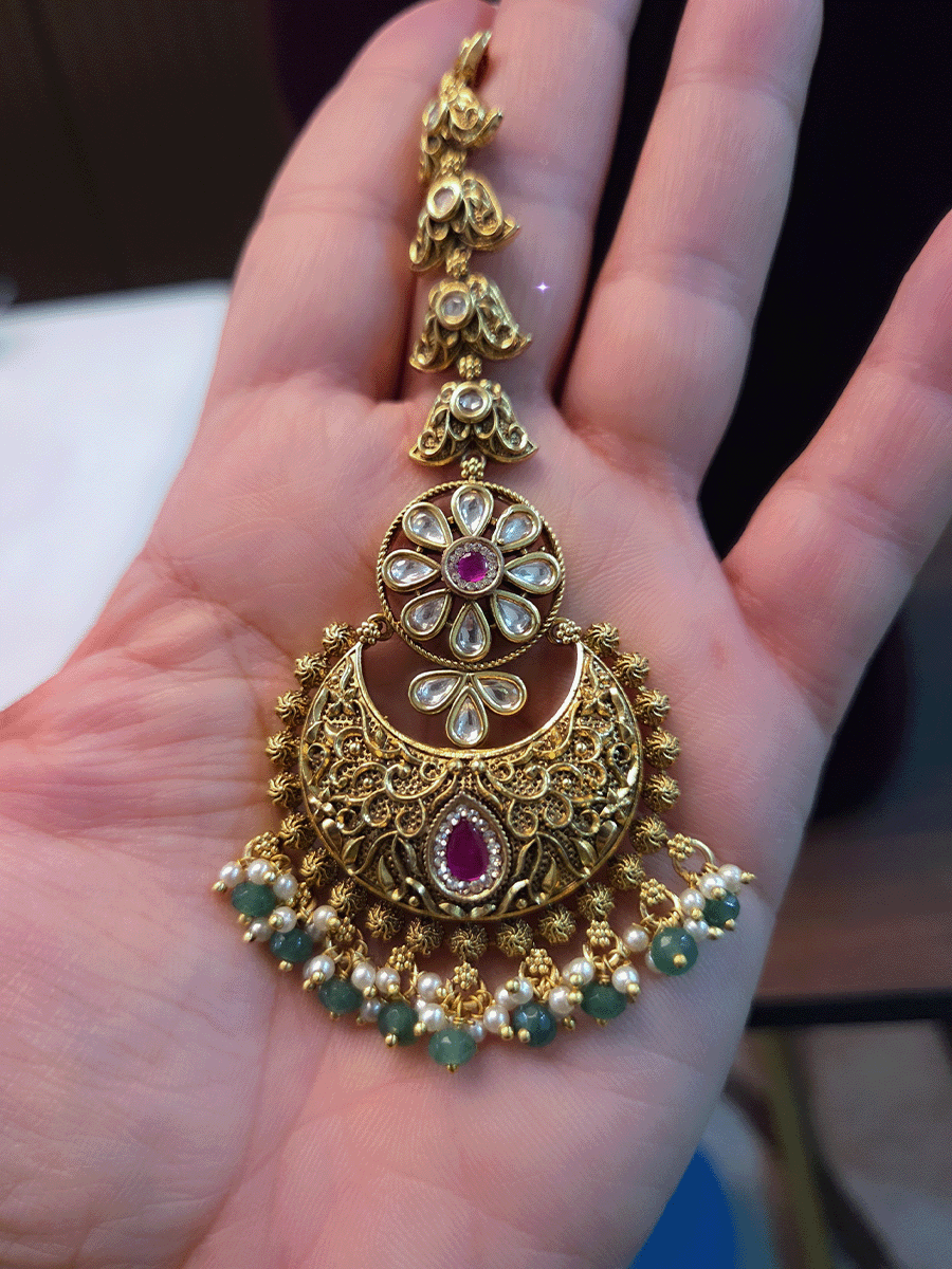 Kundan flower top with intricate ruby stone design maangtika with jade bead hangings