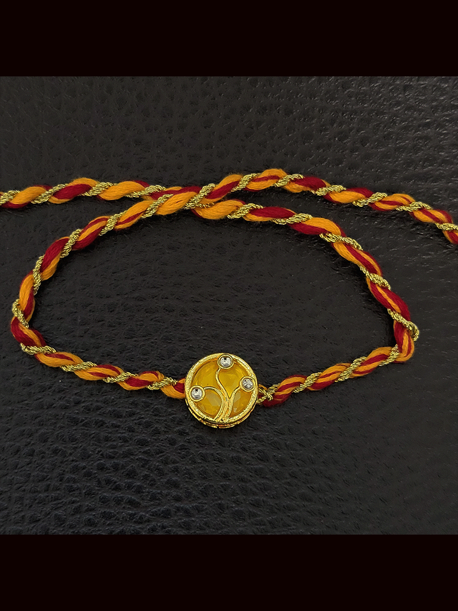 Round(1.5cm) coloured Kundan work with coloured thread rakhi