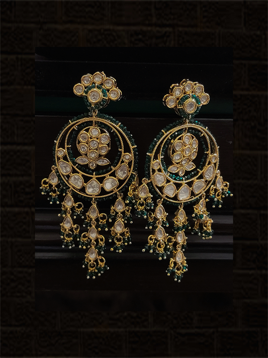 Long uncut polki half flower top chandbali earrings