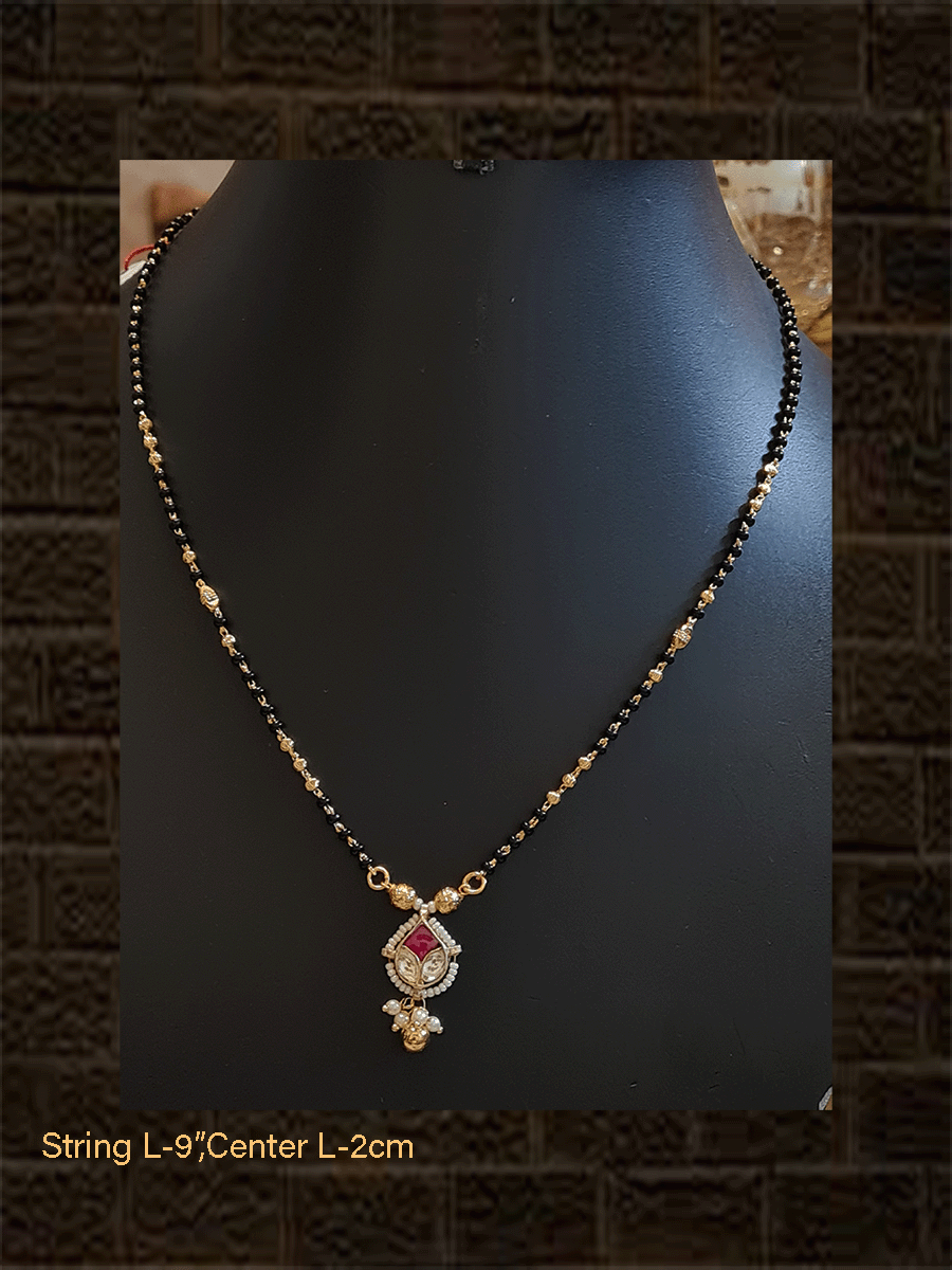 Leaf design pirohi work ruby stone and kundan mangalsutra - Odara Jewellery