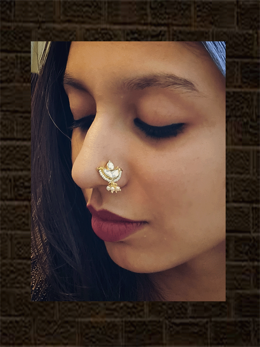 White pacchi kundan diya design nath with pirohi - Odara Jewellery