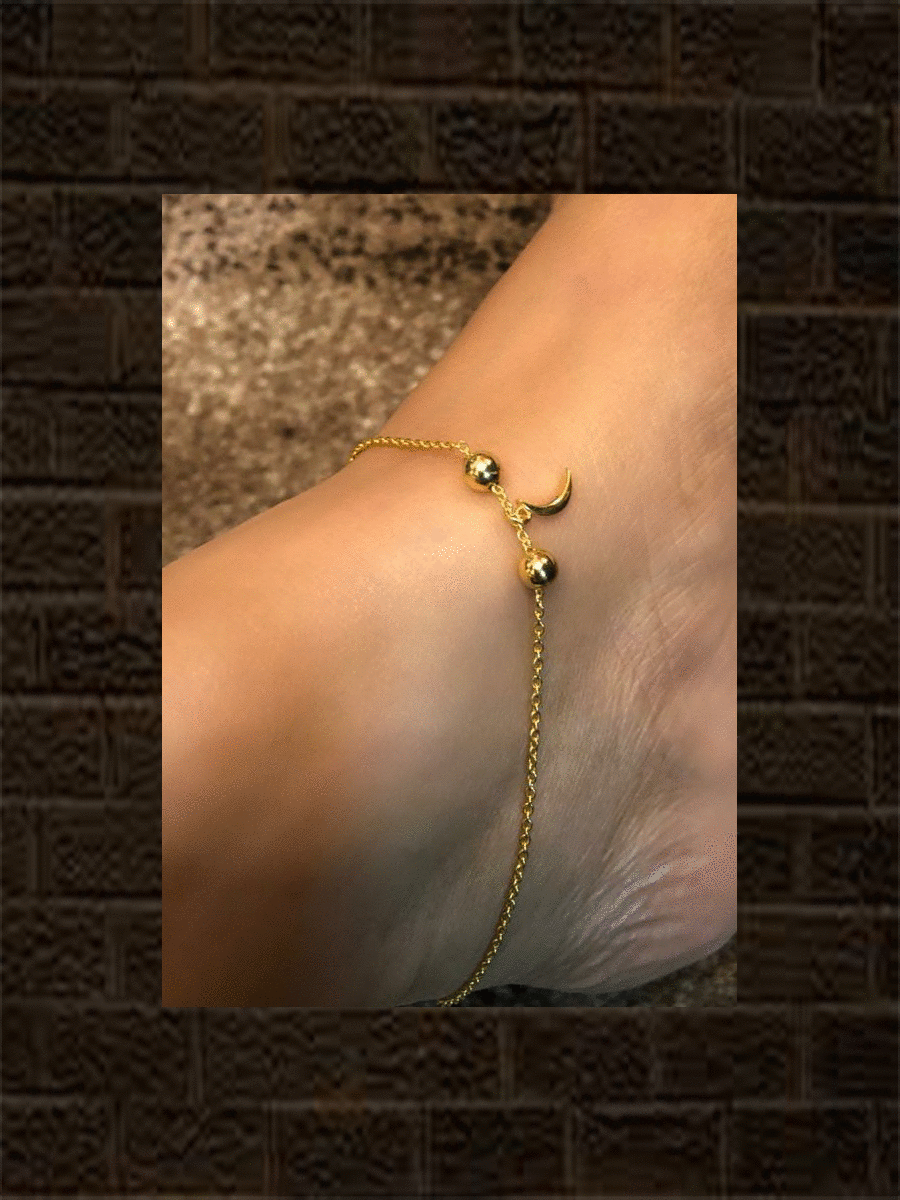 Sterling silver anklet with two gold beads and hanging half moon charm (single) - Odara Jewellery