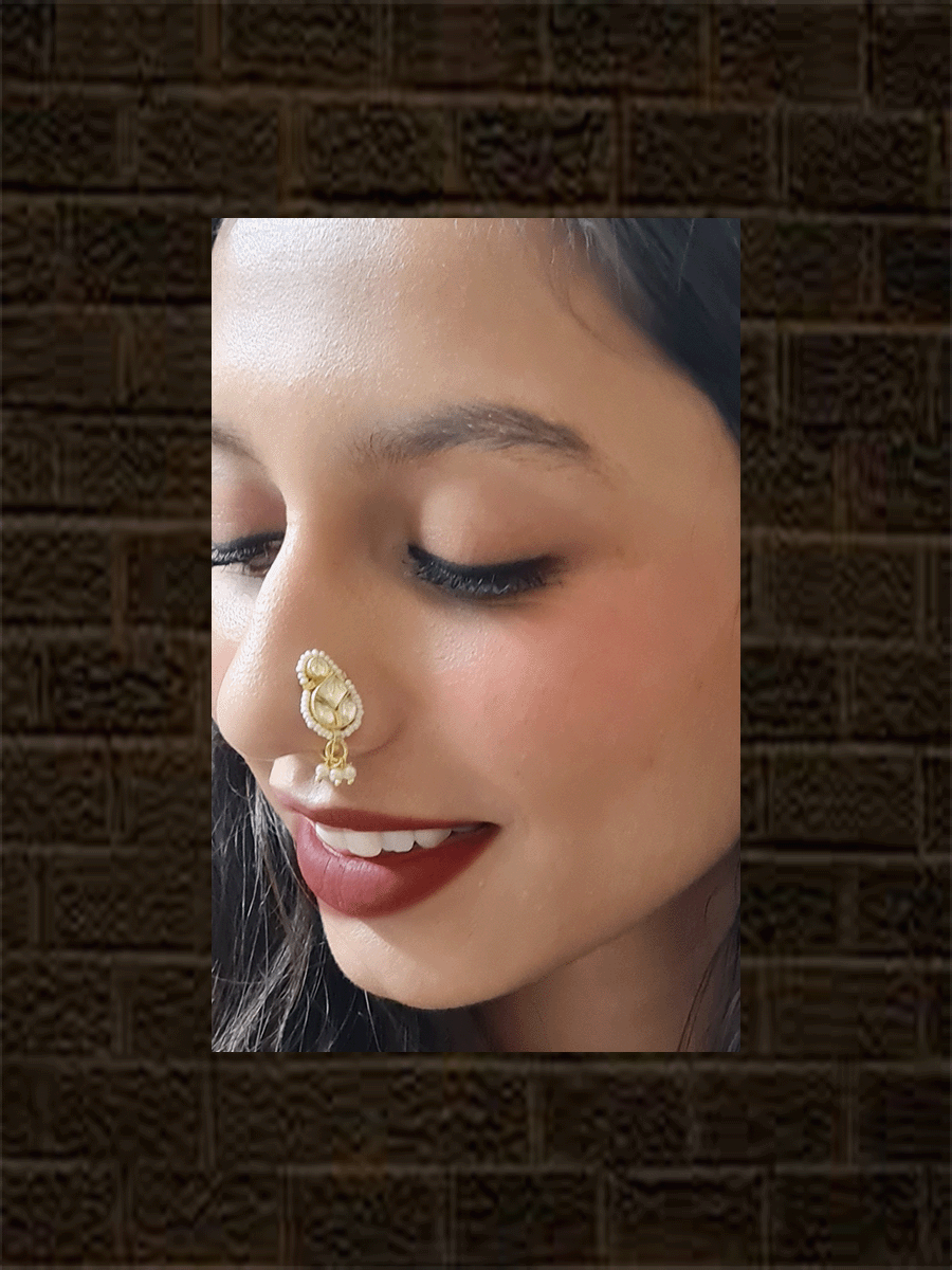 Pirohi work kundan leaf shaped clip on nath with white bead hangings - Odara Jewellery