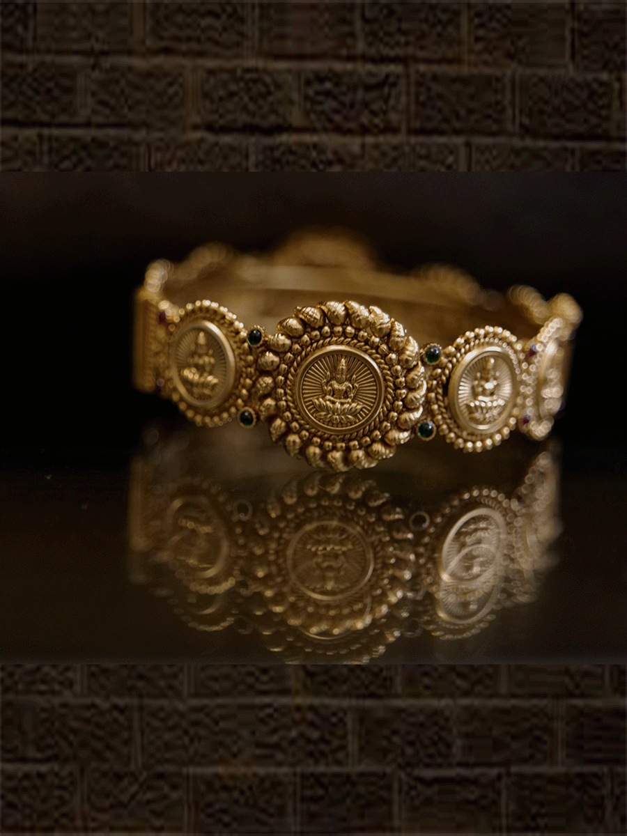 Set of two laxmiji coin design openable kadas with ruby and green stones - Odara Jewellery