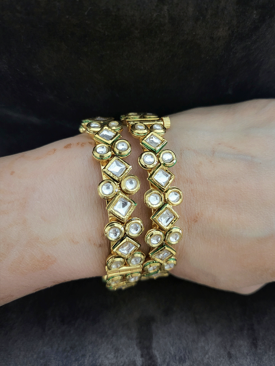 Square shaped kundan in between two circular kundan design openable kada's(set of two) - Odara Jewellery