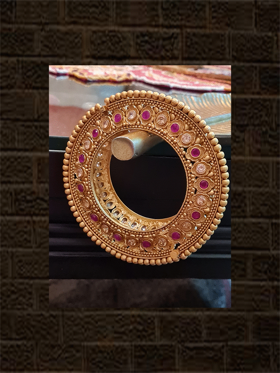 2'8' size peacock design broad pacheli type matt gold polki and ruby stone kada's - Odara Jewellery