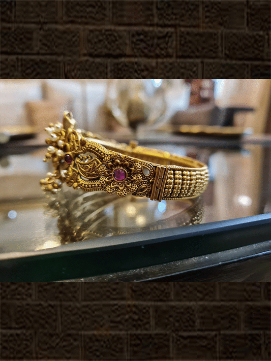 Ruby stone flower design pearly hangings openable kada - Odara Jewellery