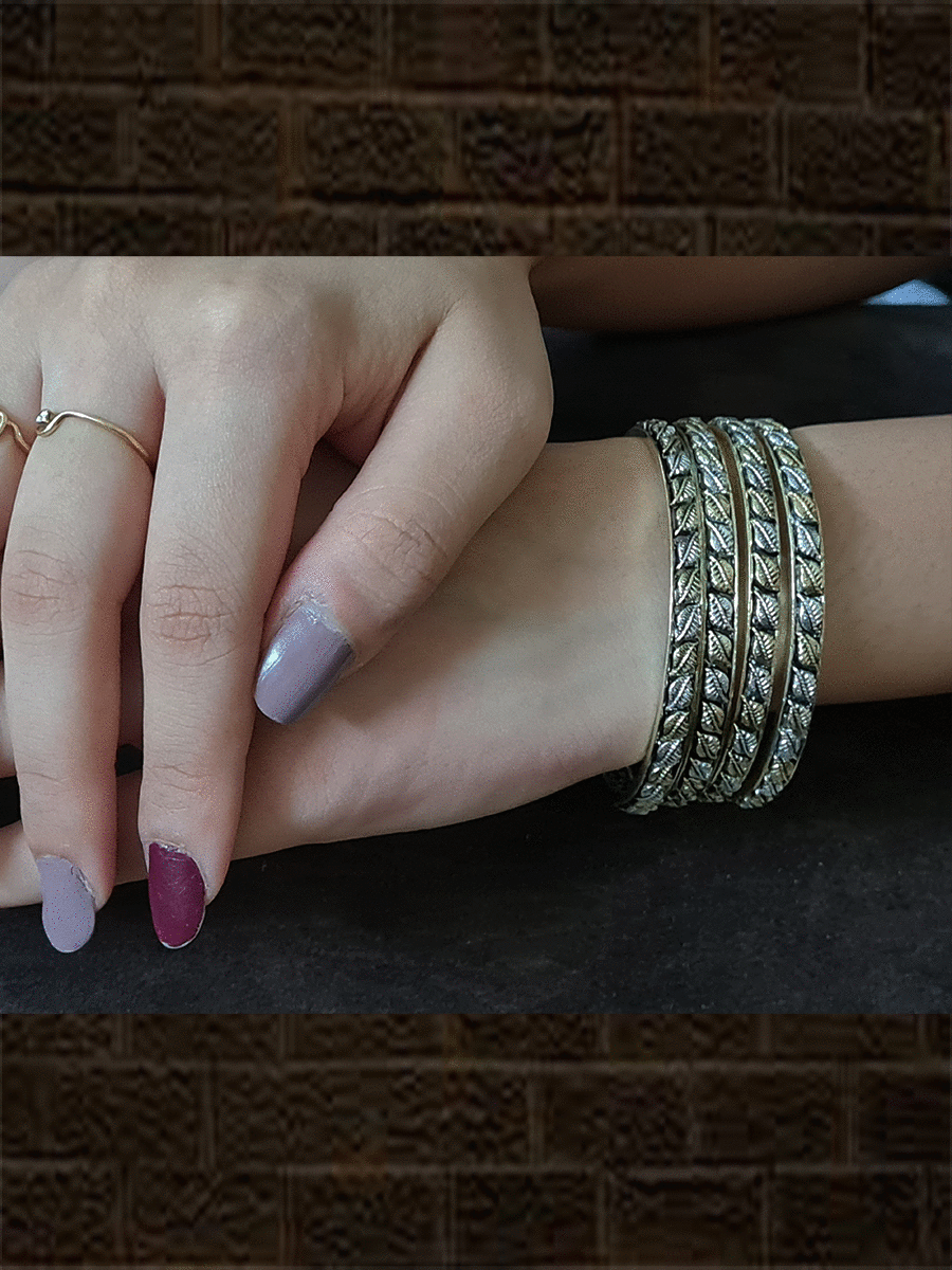 Leaf design oxidised dual tone bangles(set of four) - Odara Jewellery