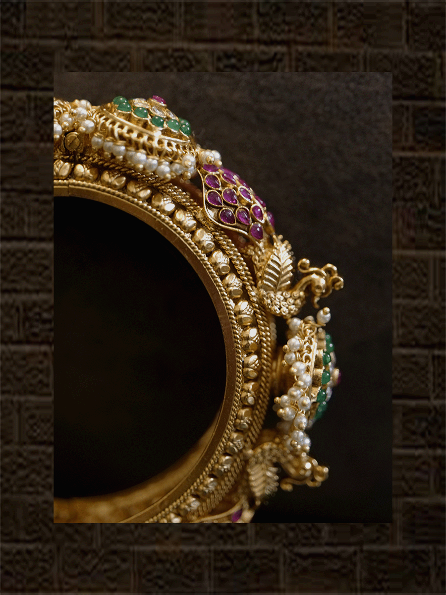 Set of two openable kadas with peacocks and also kundan with green stone flower tukdies with pearly hangings - Odara Jewellery