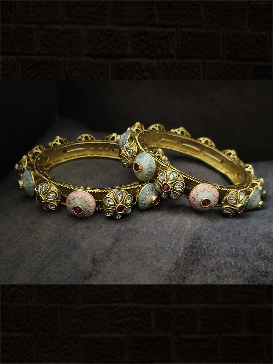 Set of two alternate kundan flower with pink and blue enamel openable pacheli type kadas