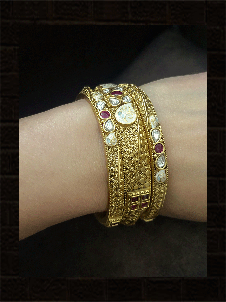 Set of three non openable bangles with. kundan and enamel in leaf design