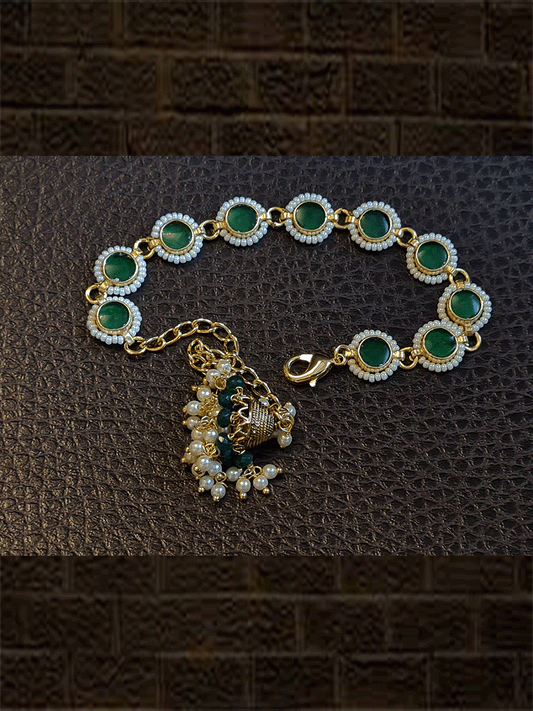 Green pirohi work bracelet rakhi for bhabhi - Odara Jewellery