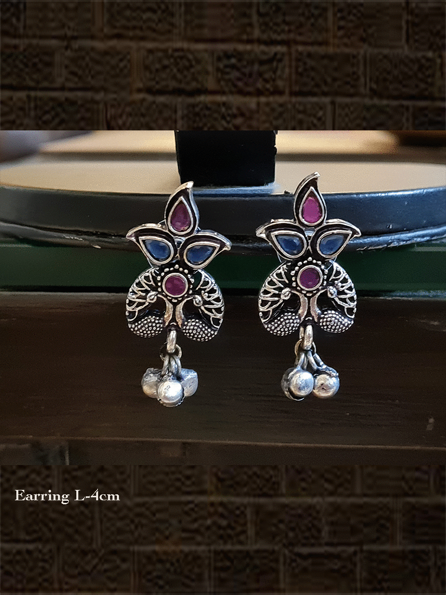 Stone studded inverted peacock design german silver earrings with hanging ghunghru's - Odara Jewellery