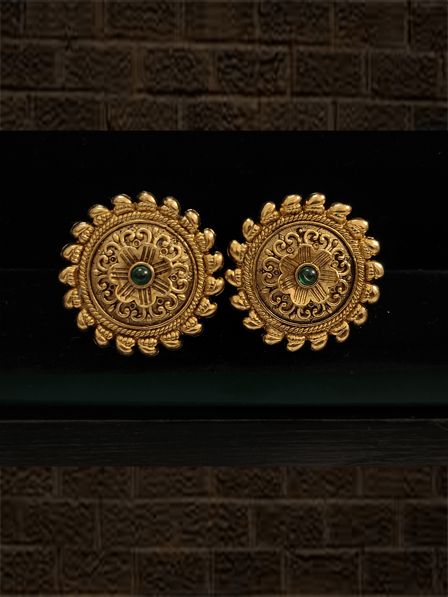Circular stone studded self design studs with flower design center - Odara Jewellery