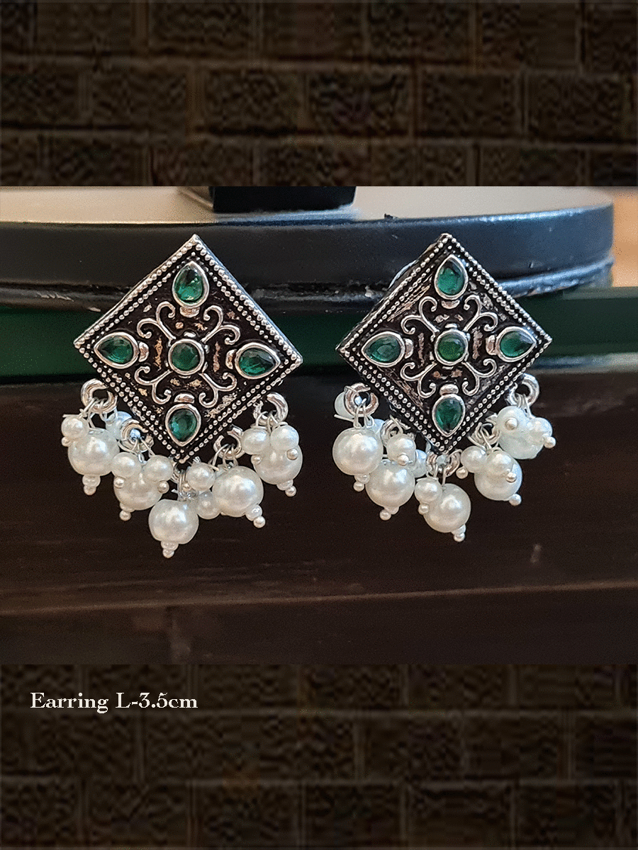 Kite shaped stone studded german silver earrings with pearl drops - Odara Jewellery