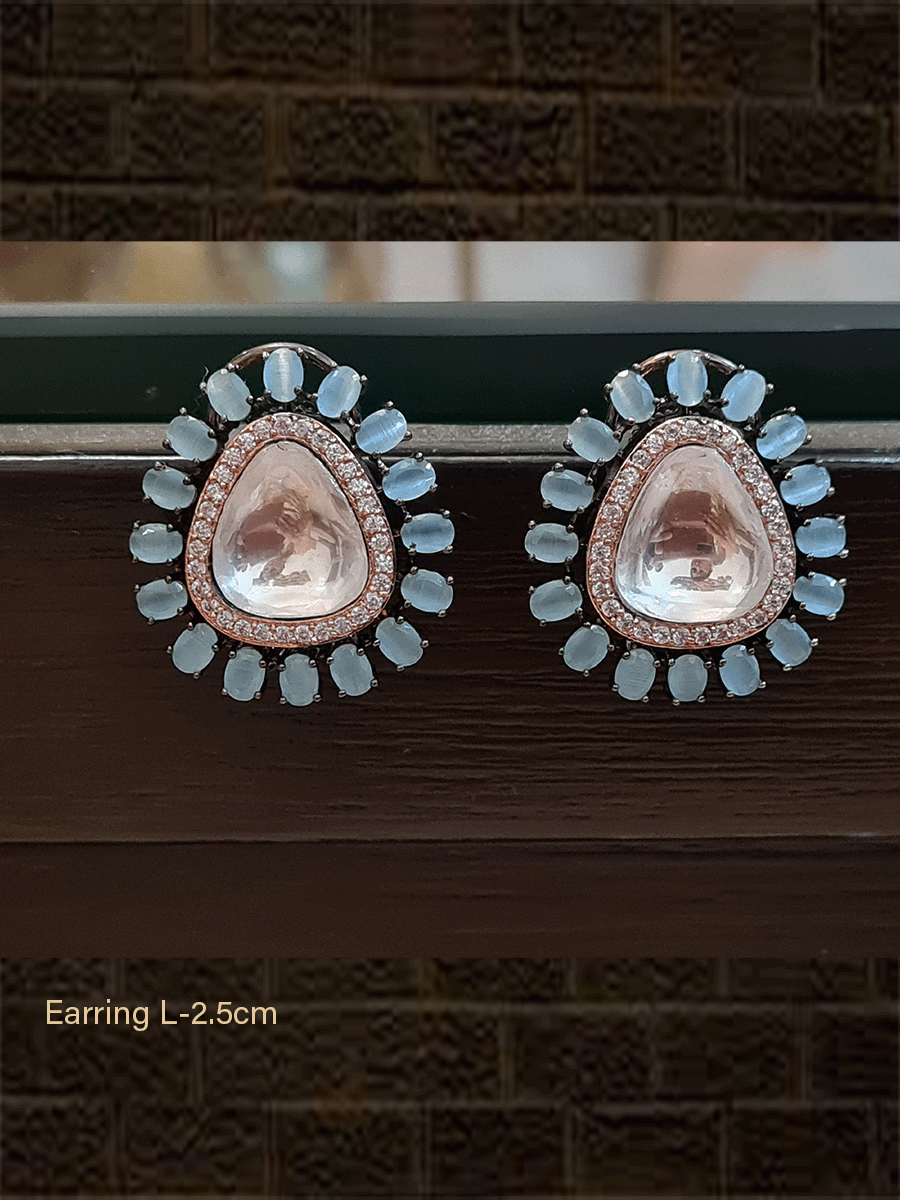 Black finish triangular kundan and AD coloured stones studs - Odara Jewellery