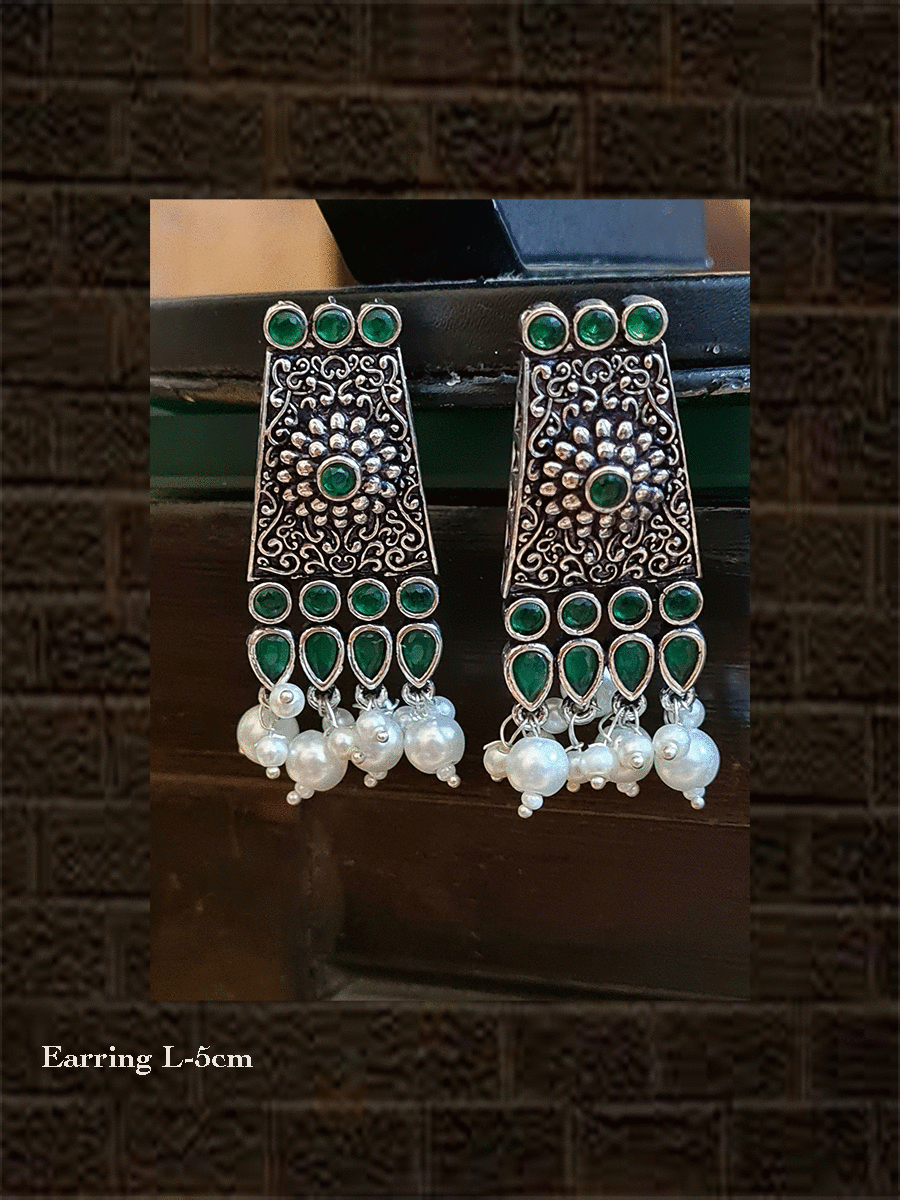 Pearly drop german silver earrings with self design and coloured stone - Odara Jewellery