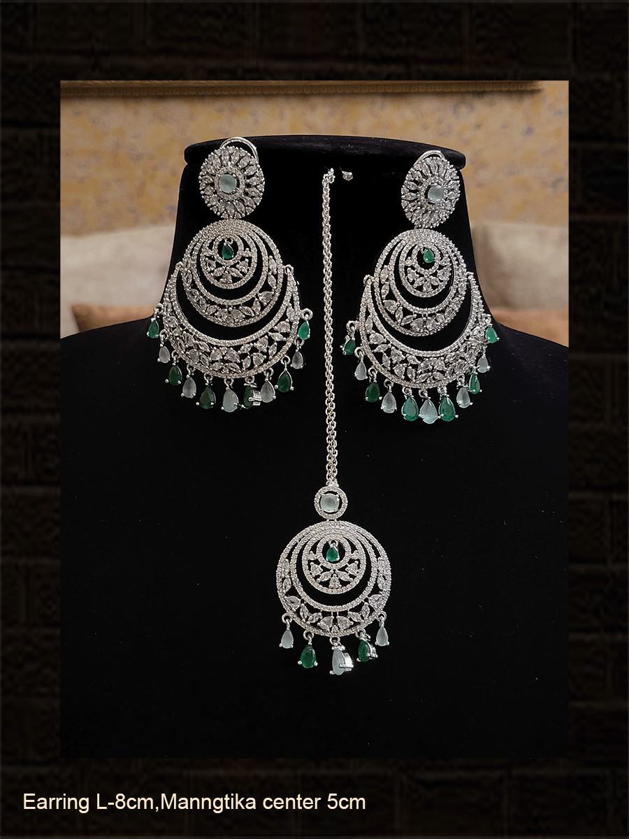 Chandbali design long AD earrings with coloured drops and