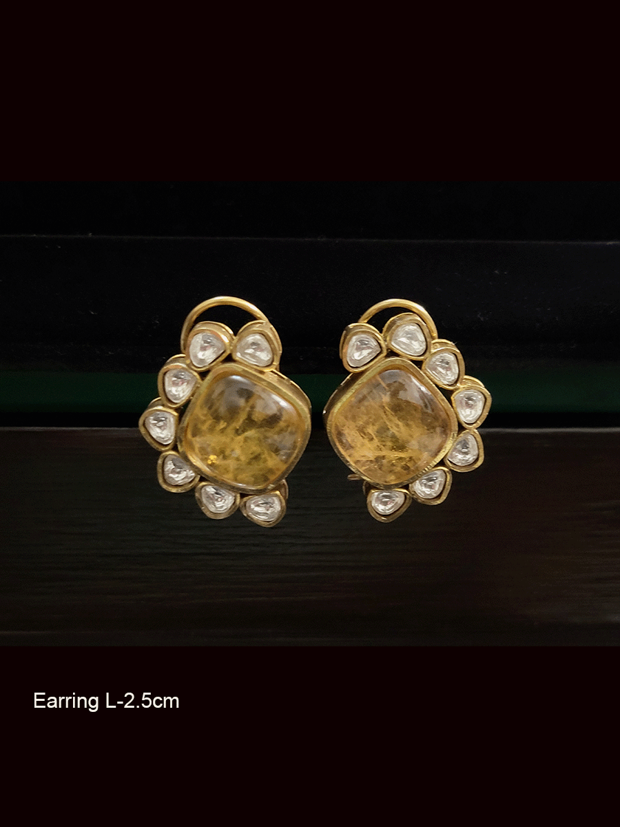 Antique gold finish natural stones uncut polki earrings