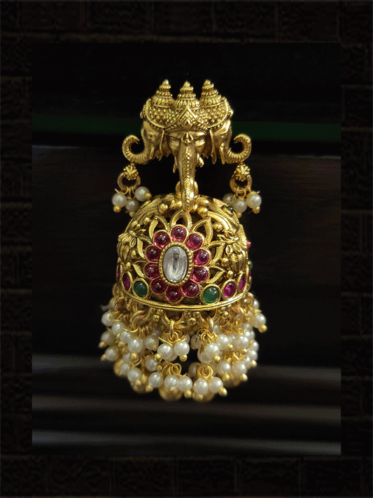 Triple ganpatiji face top jadau jhoomki with pearly tassels - Odara Jewellery