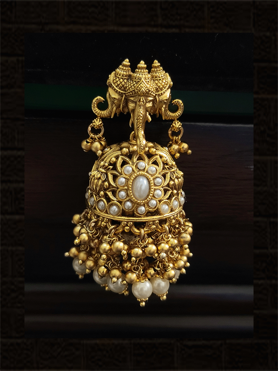 Triple ganpatiji face top jadau jhoomki with pearly tassels - Odara Jewellery
