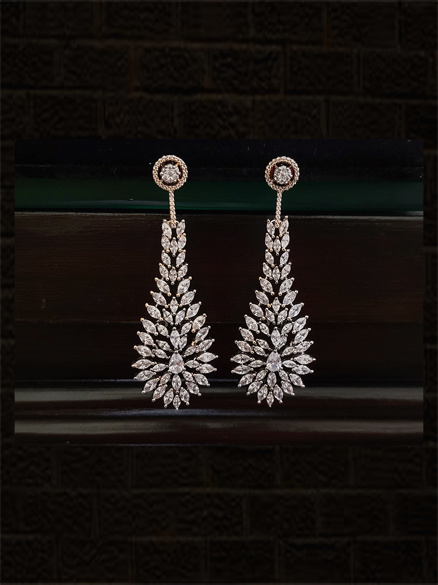 Rose gold and black finish long AD leaf design earrings - Odara Jewellery