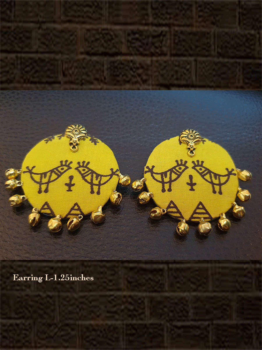 Yellow cotton fabric bold earring with golden ghunghru - Odara Jewellery