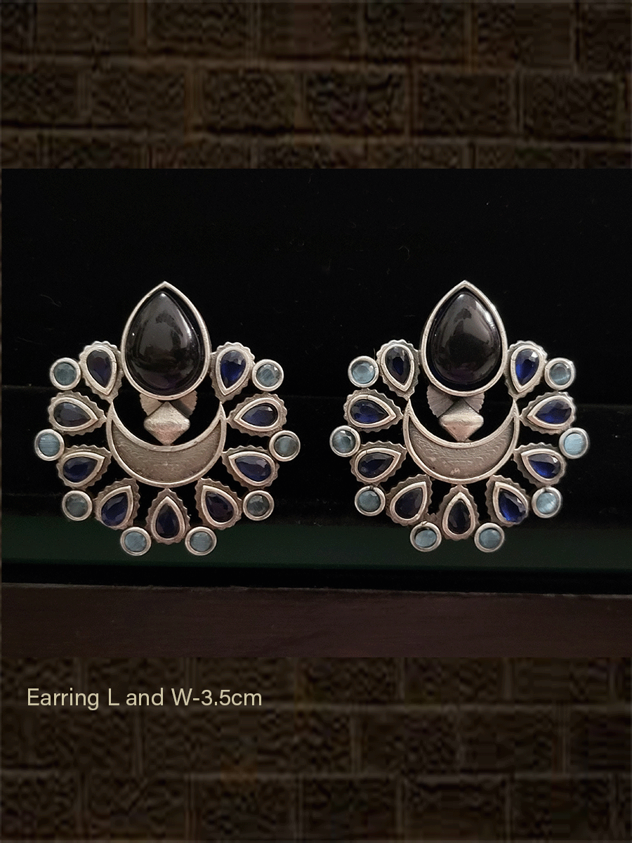 German silver natural stones earring with tear drop shaped stone on the top - Odara Jewellery