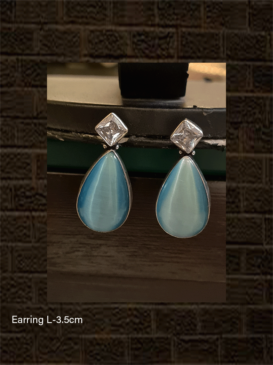 White stone top with leaf stone drop German silver earring - Odara Jewellery