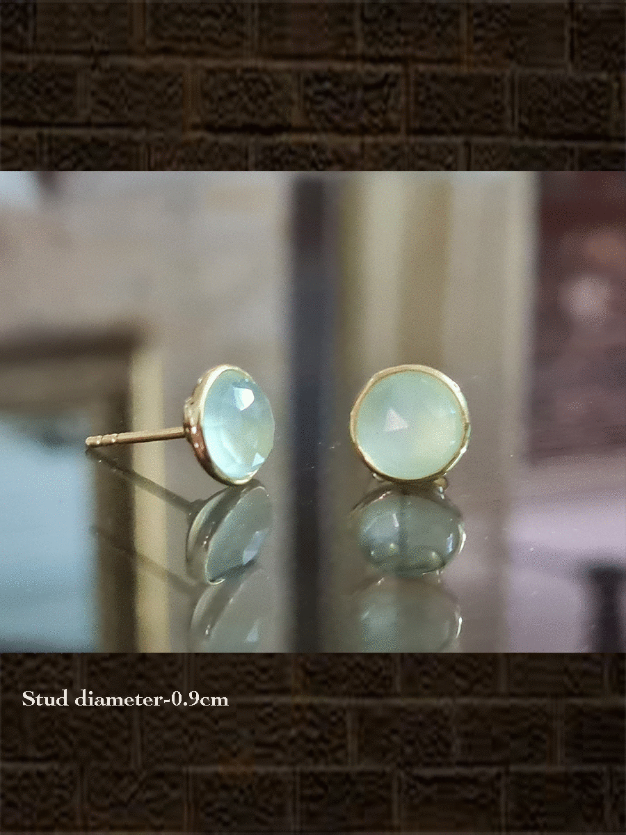 Prehnite chalcedony sterling silver round studs with gold polish - Odara Jewellery