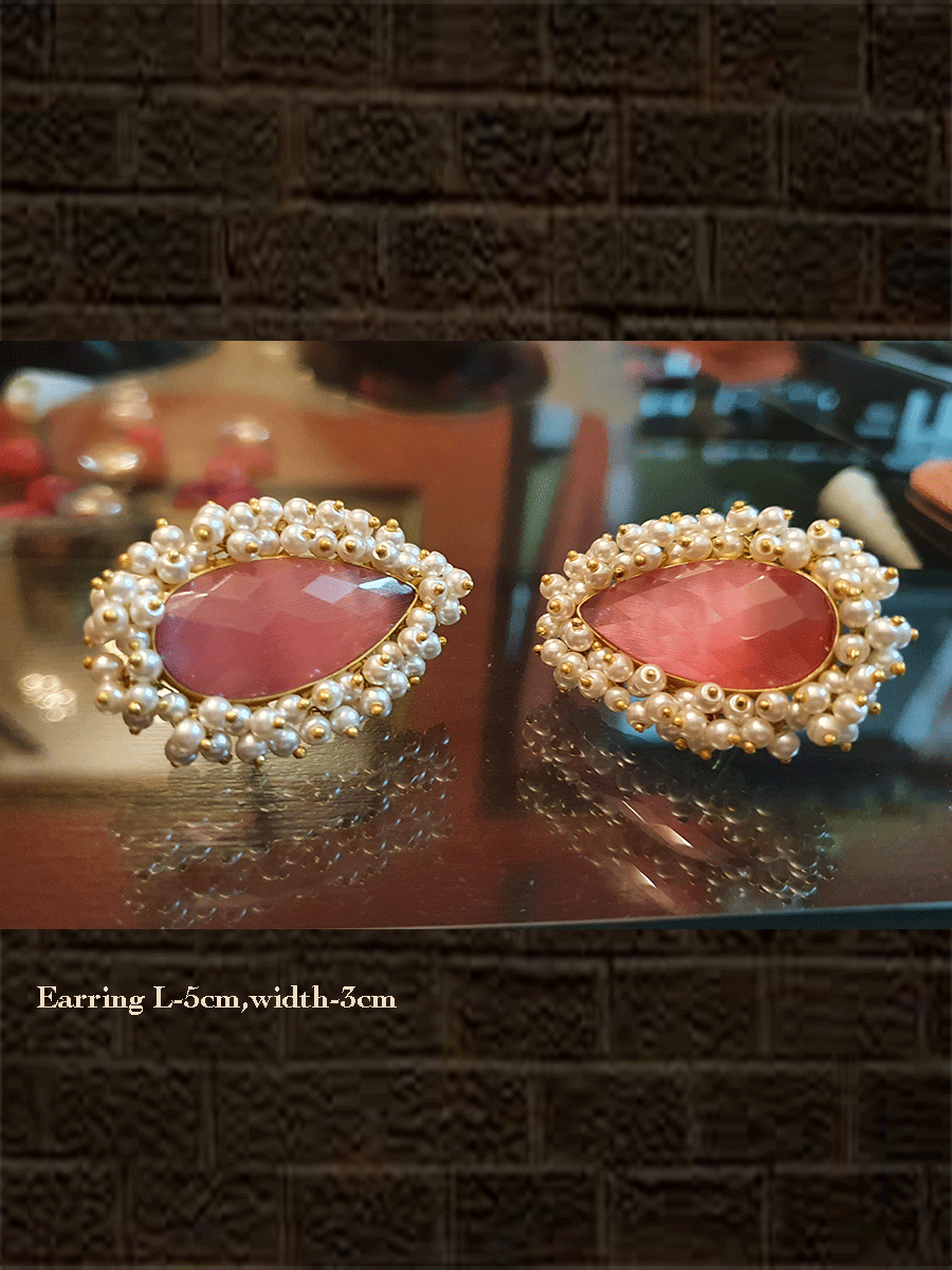 Long leaf shaped pink stone stud with pearly cluster lace - Odara Jewellery