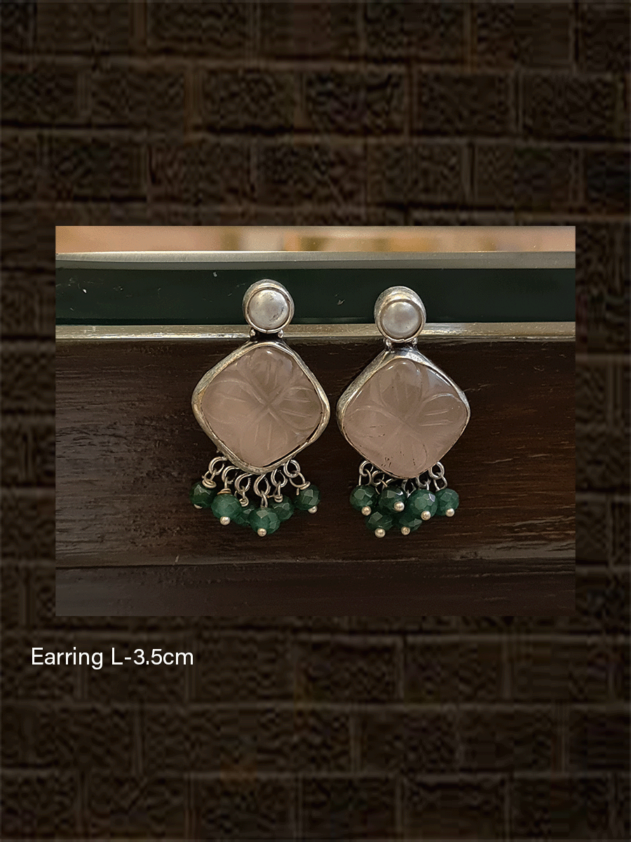 White bead top square shaped stone earrings with bead hangings - Odara Jewellery