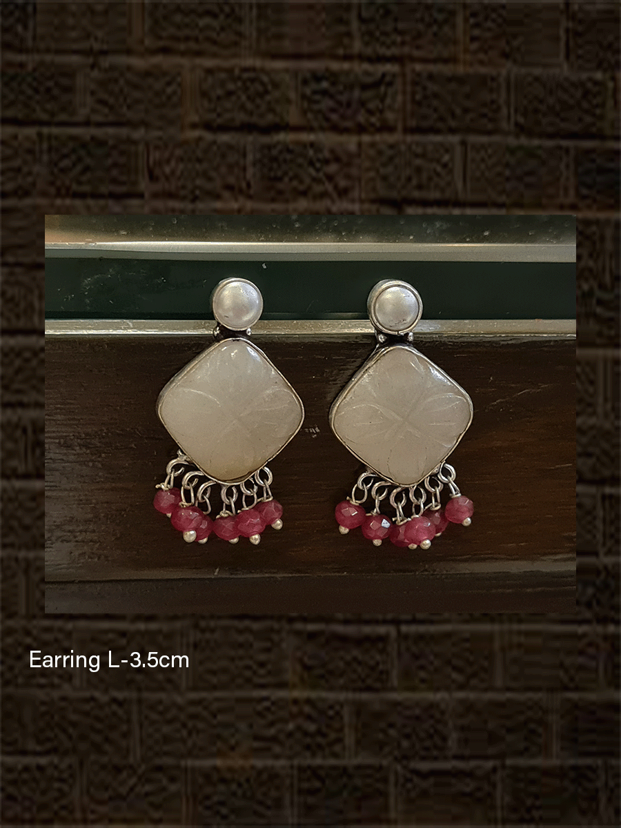 White bead top square shaped stone earrings with bead hangings - Odara Jewellery