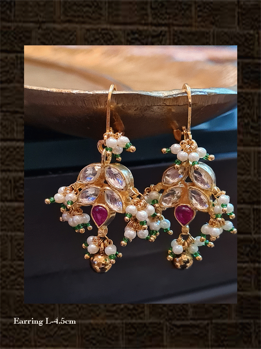Small kundan leaf earrings with pearl drops and ruby stone - Odara Jewellery