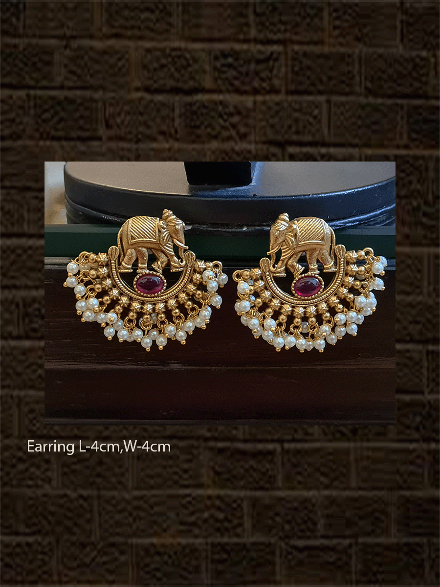 Elephant top semi circular design pearly hanging earrings - Odara Jewellery