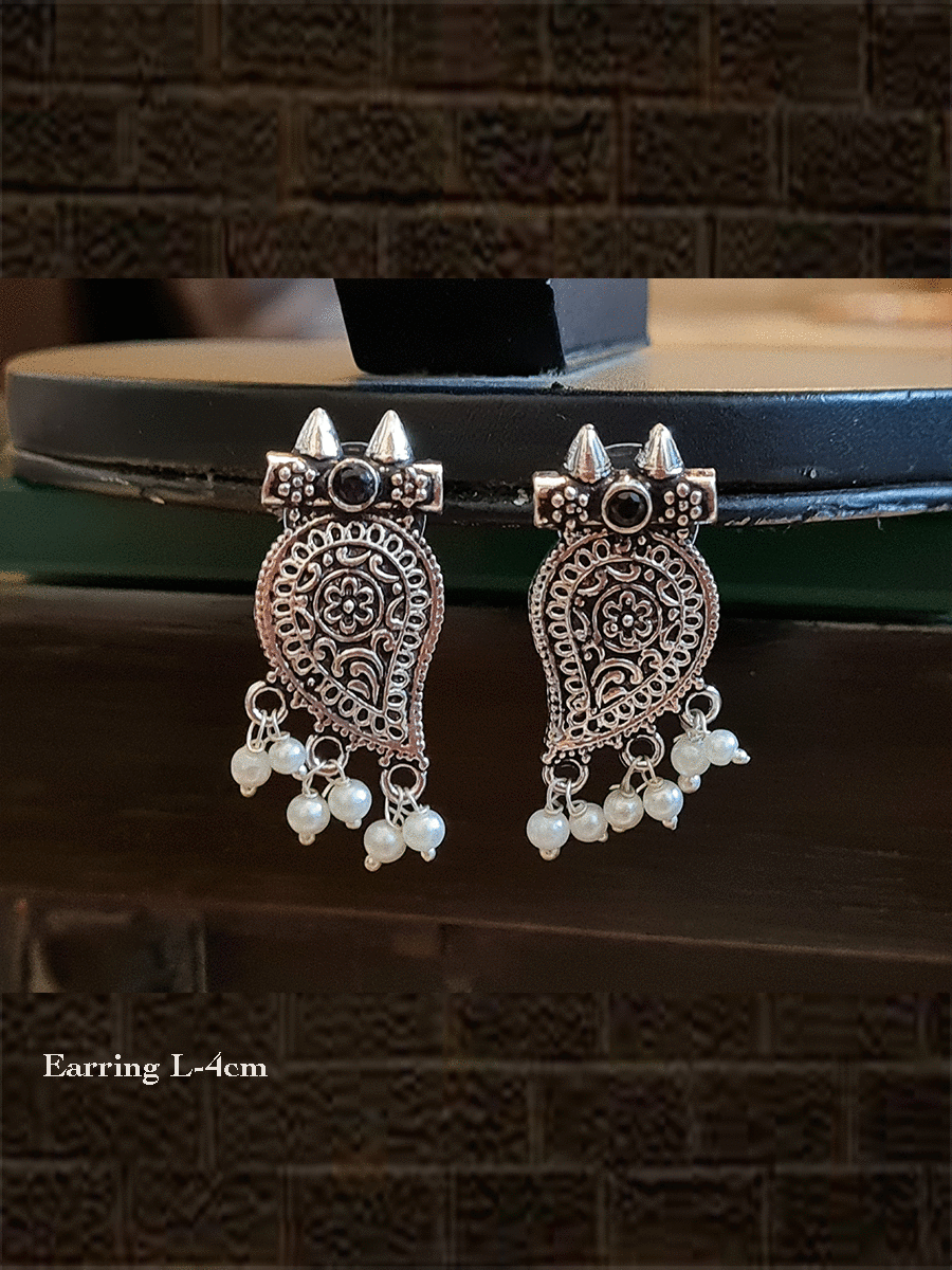 Leaf shaped german silver earrings with pearl drops - Odara Jewellery